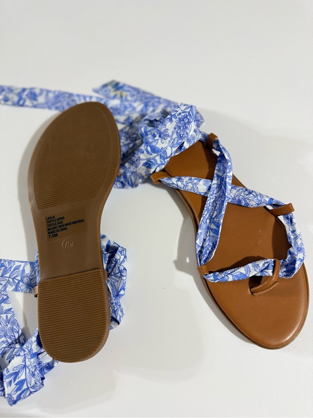 Crown & Ivy Blue Floral Tie-Strap Leatherette Sandals for Women